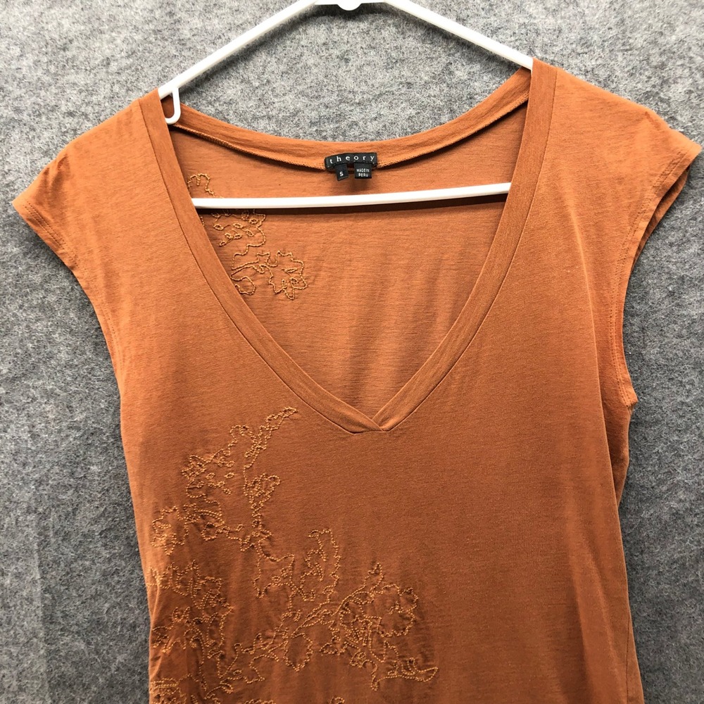 Theory Cap Sleeve V-Neck T Shirt Womens S Tan Lightweight Embroidered Thin - Picture 3 of 9